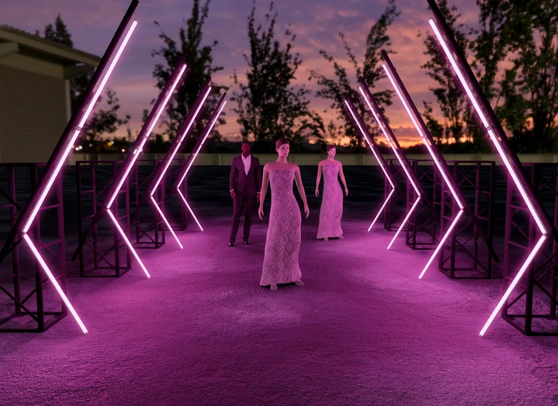 3D Rendering and Pre-Visualization of a Corporate Gala Party entrance. LED Tubes, Pixel Mapped Event Lighting